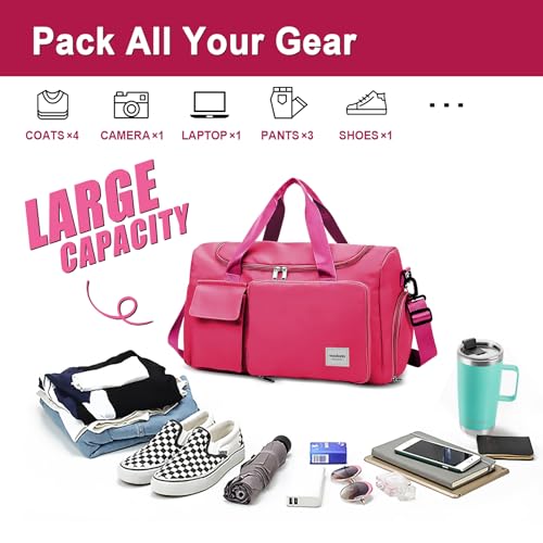 WOOMADA Foldable Travel Duffel Bag with Shoes Compartment, Overnight Bag with Wet Pocket & Trolley Sleeve, Weekender Bags for Women(A-rose red) - color: A-rose red