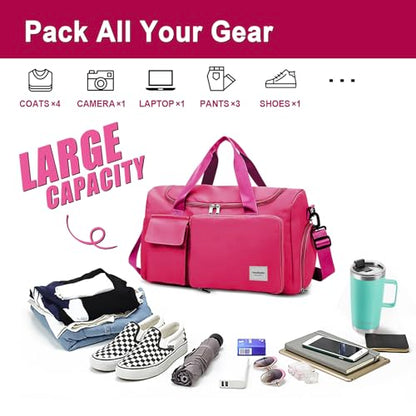 WOOMADA Foldable Travel Duffel Bag with Shoes Compartment, Overnight Bag with Wet Pocket & Trolley Sleeve, Weekender Bags for Women(A-rose red) - color: A-rose red