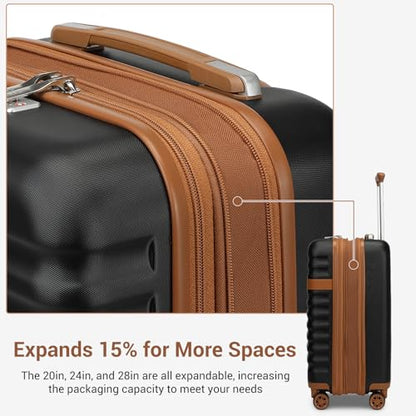 Kono 3-Piece Luggage Set 20/24/28in Expandable Hardside TSA Lock Black - color: Black/Brown, size: 3-piece set (20/24/28)