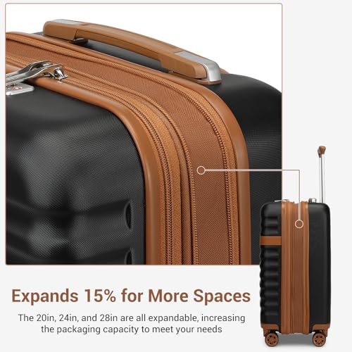 Kono 3-Piece Luggage Set 20/24/28in Expandable Hardside TSA Lock Black - color: Black/Brown, size: 3-piece set (20/24/28)