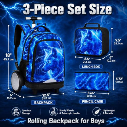 20 Inches Large Wheels Rolling Backpack for Boys with Detachable, 3Pcs Kids Lightning Wolf Wheeled Backpack Set for Elementary School (Blue) - color: Lightning Wolf (Large Wheels)
