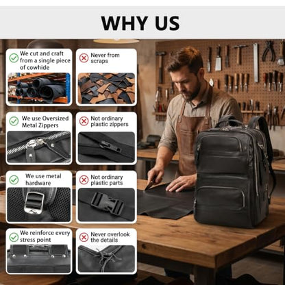 LANNSYNE Nappa Leather Backpack for Men, 16" Laptop Work Travel Bag, Black - color: Black