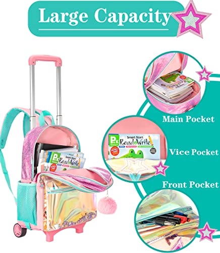 Meetbelify Girls Rolling Backpack Sequin Rolling Backpacks with Wheels for Girls for Elementary School Bag - color: Pink Star