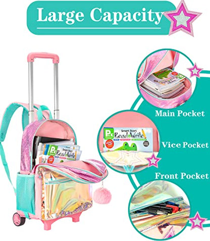 Meetbelify Girls Rolling Backpack Sequin Rolling Backpacks with Wheels for Girls for Elementary School Bag - color: Pink Star