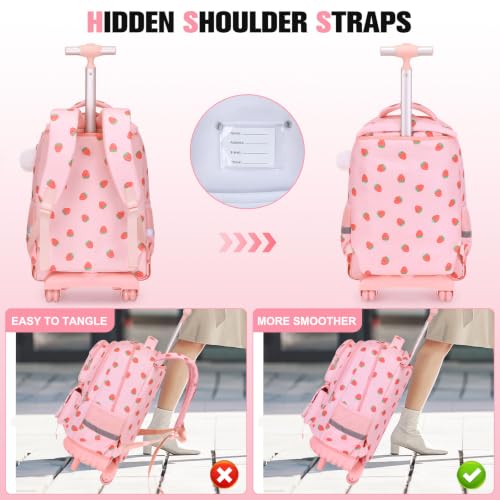 ACESAK Rolling Backpack for Girls with Lunch Box Pencil Case - color: Pink Strawberry