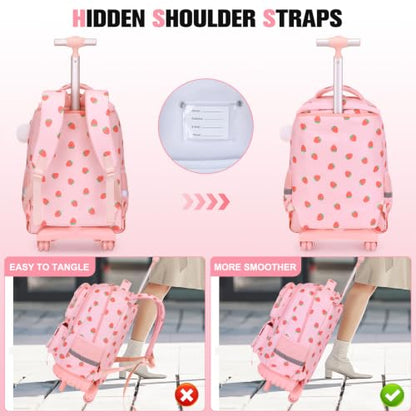 ACESAK Rolling Backpack for Girls with Lunch Box Pencil Case - color: Pink Strawberry