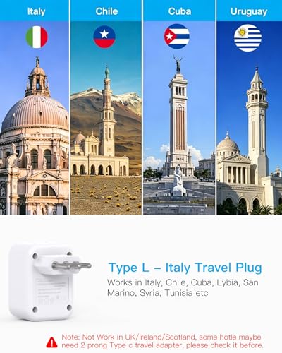 Italy Travel Adapter, US to Italy Power Adapter, Type L Plug Converter Rome - style: Type L - Italy Chile
