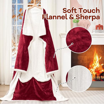 MAXEVE Heated Wearable Blanket with Foot Pocket & Sleeves Electric Snuggle - color: Wine, size: Long