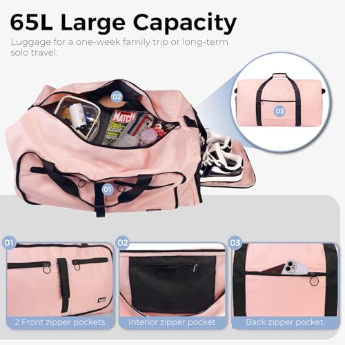 Fmeida 65L Duffle Bag Foldable Travel Duffel Bags for Men Women Travel Bag - color: Glossy Light Pink