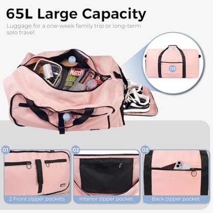 Fmeida 65L Duffle Bag Foldable Travel Duffel Bags for Men Women Travel Bag - color: Glossy Light Pink