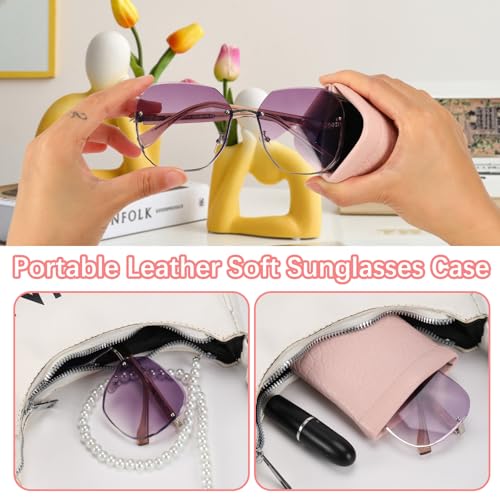 Squeeze Top Sunglass Pouch - Portable Sunglass Organizer Pouch Bags Soft PU Leather Glasses 2 Pack - color: Lilac Purple+denim Blue