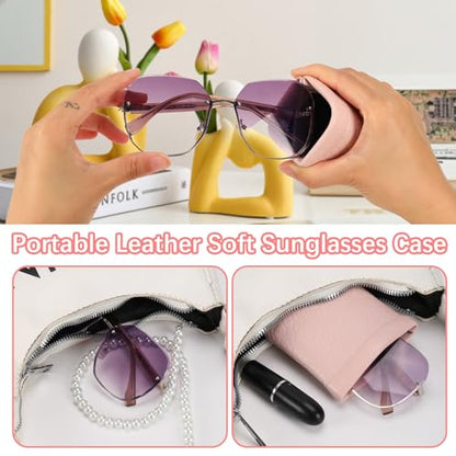 Squeeze Top Sunglass Pouch - Portable Sunglass Organizer Pouch Bags Soft PU Leather Glasses 2 Pack - color: Lilac Purple+denim Blue