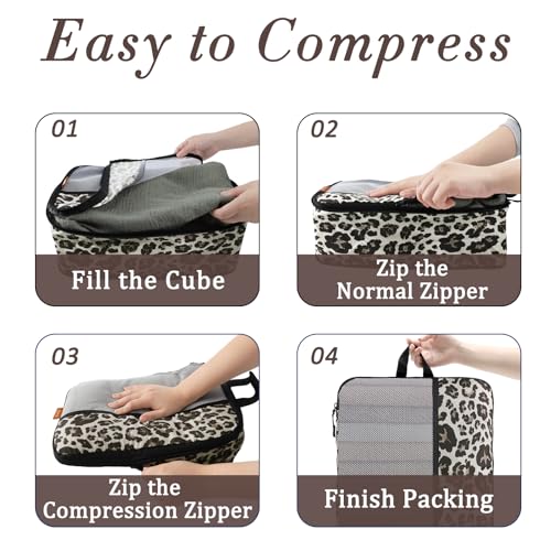 U+U 4 Set Compression Packing Cubes, Travel Organizers (Leopard) - color: Leopard-02, size: 4 Set