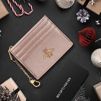 SEAVILIA Card Holder Keychain Wallet for Women with ID Window RFID Coin Purse Bee Gifts Slim Minimalist Small Wallet - color: Rose Gold