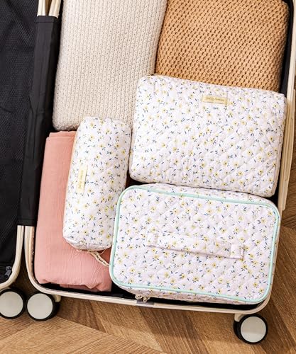 HBselect Quilted Makeup Bag, 3Pcs Cotton Large Travel Makeup Bags Organizer - color: A-3PCS-Yellowflower