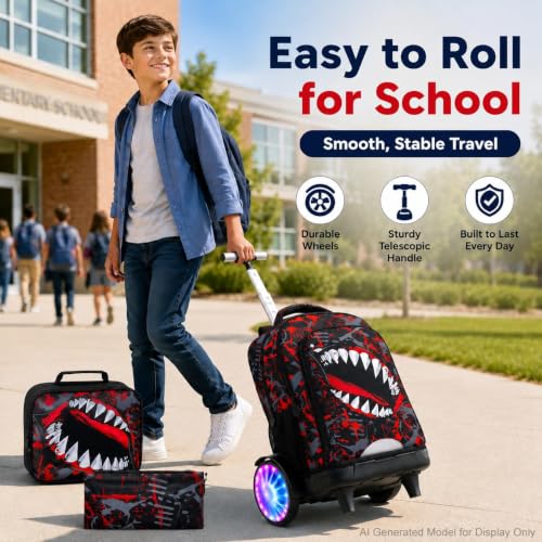 20 Inches Large Wheels Rolling Backpack for Boys with Light Up, 3Pcs Kids Graffiti Shark Wheeled Backpack Set for Elementary School (Red) - color: BigMouth-Red (Large Wheel)