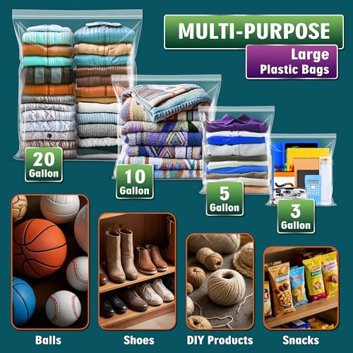 Extra Large 20 Gallon Zippered Plastic Bags for Storage- 24'' x 32'', Ideal for Clothes Clothing, Travel, Moving, 3-mil Extra Thick Clear Plastic, 12 pack - size: 20 gal-12 pack