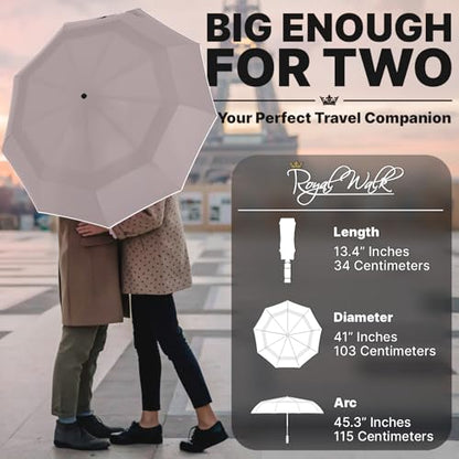 Royal Walk Compact Travel Umbrella for Rain, Windproof, Small & Portable - color: Beige