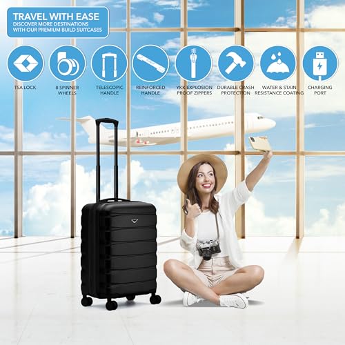 Flight Knight 22x18x10" Expandable Carry On Suitcase Hardside TSA Lock & USB C Port Lightweight Luggage Silent Double Spinner Wheels Maximum Spirit Overhead Carry-On Bag Airlines Approved Black - color: Black, size: 22x18x10"