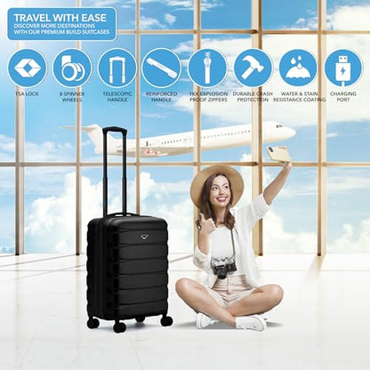 Flight Knight 22x18x10" Expandable Carry On Suitcase Hardside TSA Lock & USB C Port Lightweight Luggage Silent Double Spinner Wheels Maximum Spirit Overhead Carry-On Bag Airlines Approved Black - color: Black, size: 22x18x10"