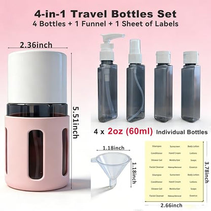 4-in-1 Refillable Cosmetic Containers, TSA Approved Travel Toiletry Kit - color: Pink