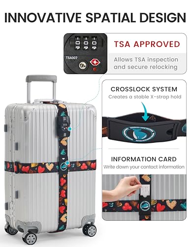 Travelkin Luggage Straps TSA Approved, Suitcase Straps with TSA Lock - color: Colorful Hearts
