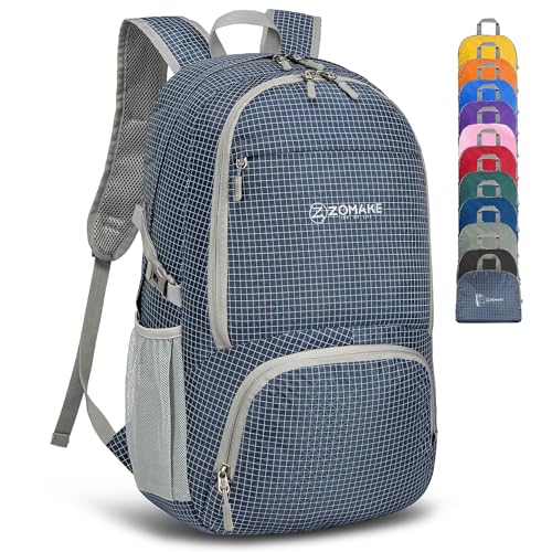 ZOMAKE Lightweight Packable Backpack 30L, Foldable Travel Hiking Daypack - color: B-plaid Royal Blue