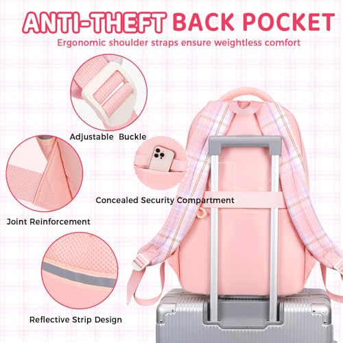Kids Backpack for Girls, Cute Plaid Large Capacity Bookbag for Students Teens Preppy Aesthetic Kawaii Bow Elementary Primary Middle School Book Bag 6-8 8-10 10-12 (Pink) - color: Pink