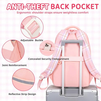 Kids Backpack for Girls, Cute Plaid Large Capacity Bookbag for Students Teens Preppy Aesthetic Kawaii Bow Elementary Primary Middle School Book Bag 6-8 8-10 10-12 (Pink) - color: Pink
