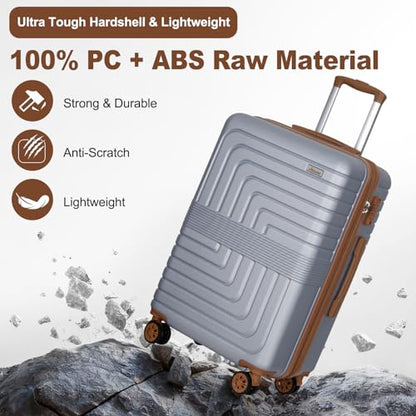 Romswi 3 Piece Luggage Sets, Expandable PC+ABS Hardshell Suitcase Set with TSA Lock YKK Zipper and Dual Spinner Wheels, Large Checked Travel Suitcases, 20/24/28 Inch, Silver