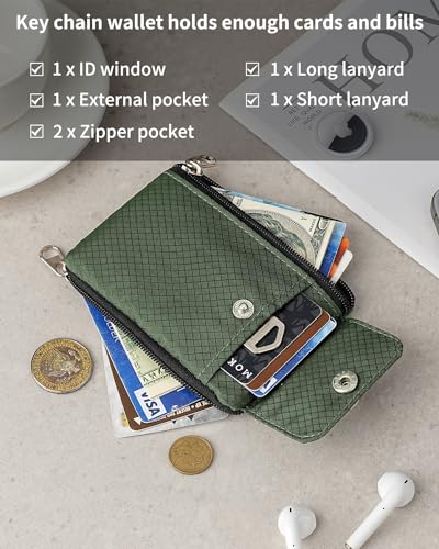 Artpaxy Minimalist Wallet For Mens Womens, Keychain RFID Blocking Zipper Small Wallet with ID Window 2 Lanyards,Water Resistant Travel Cash Card Coin Case Boys Girls - color: Army Green