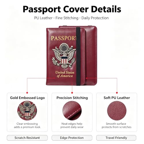 Premium Passport Holder for Travel RFID Blocking Passport Cover Slim - color: Wine Red