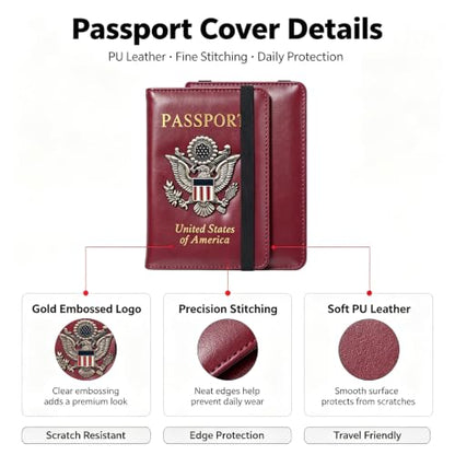 Premium Passport Holder for Travel RFID Blocking Passport Cover Slim - color: Wine Red