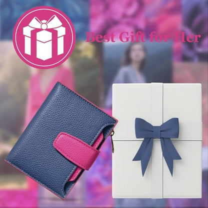 Airkit Small Wallet Women RFID Blocking Vegan Leather Bifold Compact Card Holder Wallet for Women with Zipper Coin Pocket 4 ID Window - color: Colorblock - Blue/Plum Red