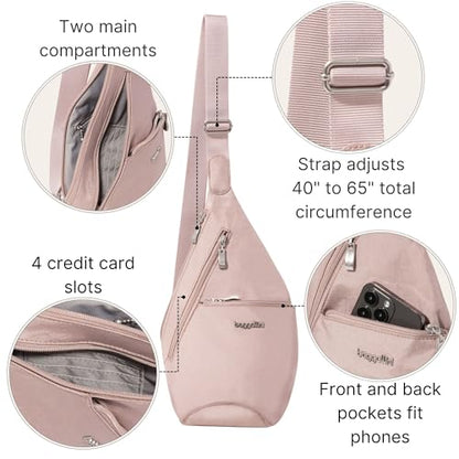 Baggallini Mini Sling - 12x7 Sling Crossbody Bag Backpack with Adjustable Shoulder Strap - color: Blush Shimmer