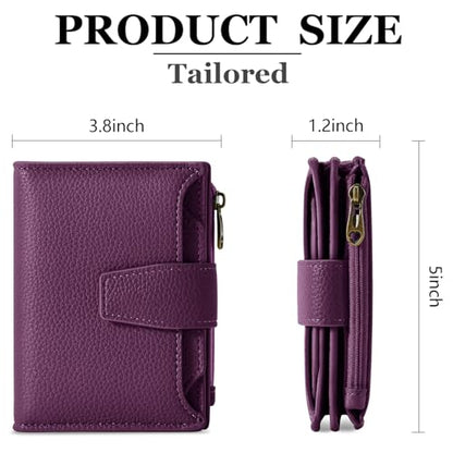 Airkit Small Wallet Women RFID Blocking Soft Leather Bifold Compact Card Holder Wallet for Women with Zipper Coin Pocket 4 ID Window - color: Deep Purple