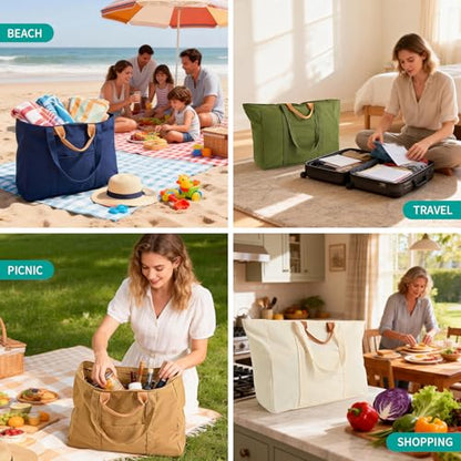 20" 12 Gal Extra Large Canvas Travel Tote Bag with Zipper - color: Beige