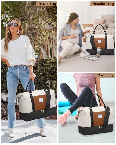 Travel Weekender Duffle Bag for Women: Overnight Bags with Shoe Compartment - color: Black White Brown, size: Large
