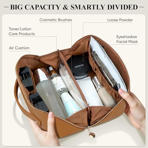 Travel Makeup Bag, Open Flat Cosmetic Bag for Women, Medium Brown - color: Brown, size: Medium