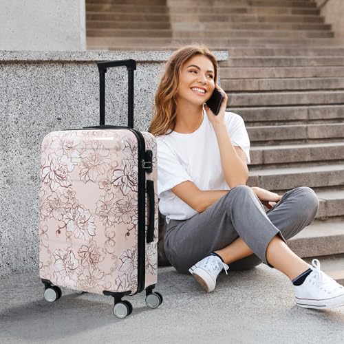 Luggage Sets 5-Piece PC Hardside, Spinner Wheels & 3-Digit Lock - color: Pink Flower