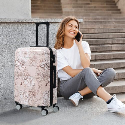 Luggage Sets 5-Piece PC Hardside, Spinner Wheels & 3-Digit Lock - color: Pink Flower