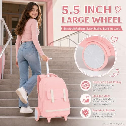 UFNDC Wheeled Backpack for Women & Girls with Big Wheels - Water-Resistant Rolling Bag for Travel, College & Business, 3-Pack (Pink) - color: Rolling Backpack Big Wheel Pink