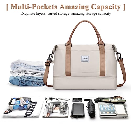 Travel Duffel Bag with Shoes Compartment, Weekender Bags for Women - color: A-Beige & Brown, size: Extra Large