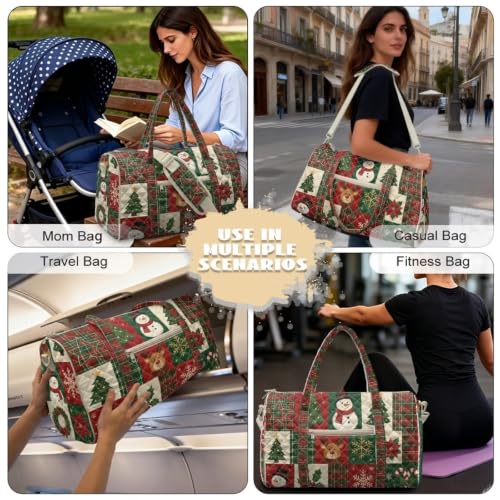 Youngerbaby Patchwork Christmas Quilted Travel Duffle Bag for Women - color: Plaid Snowman Reindeer