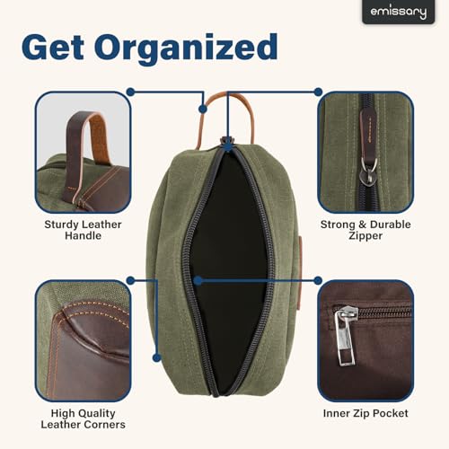 emissary Men's Canvas Travel Toiletry Bag, Leather Dopp Kit - Dark Green - color: Dark Green