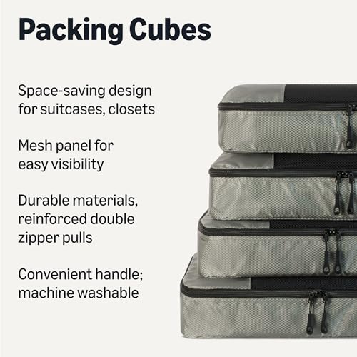Amazon Essentials 여행용 액세서리 세트 4피스 패킹 큐브, 더블 지퍼가 있는 수하물 정리함, 100% 폴리에스터, 메시 탑, 회색., 4피스 패킹 큐브 세트 - 라지 - color: 회색., size: 라지