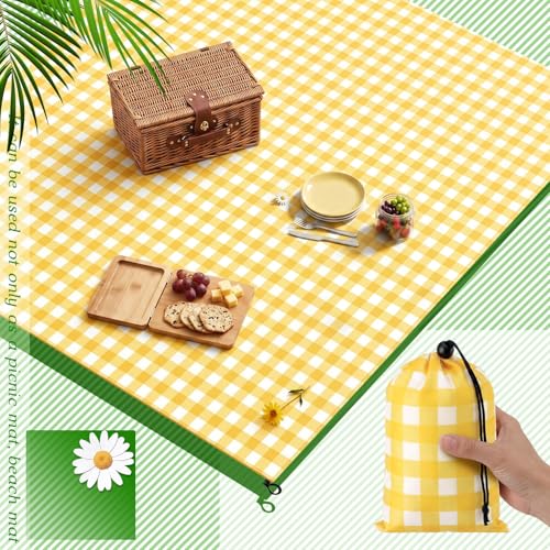 HunnmingRe Gingham Pocket Picnic Blanket Lightweight Portable, Yellow - color: Yellow, style: Gingham