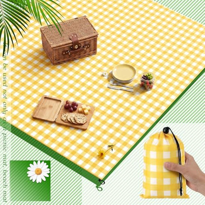 HunnmingRe Gingham Pocket Picnic Blanket Lightweight Portable, Yellow - color: Yellow, style: Gingham