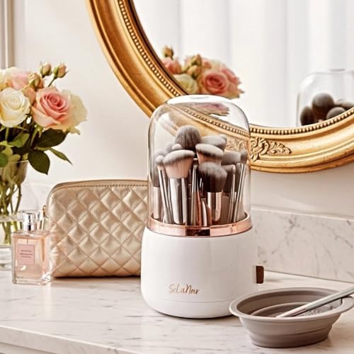 Rotating Makeup Brush Holder with Lid Dustproof Vanity Organizer for Makeup Brushes, Bonus Foldable Makeup Brush Cleaner Bowl Included - color: White