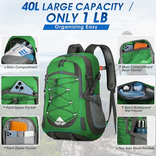 IGOLUMON Hiking Backpack 40L Packable Lightweight Camping Daypack Men Women - color: Grass Green